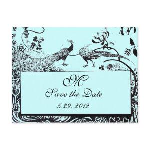 WEDDING LOVE BIRDS MONOGRAM black and white blue Announcement Postcard