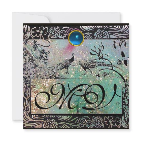 WEDDING LOVE BIRDS MONOGRAM Black Blue Peacocks Announcement