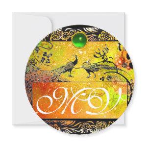 WEDDING LOVE BIRDS MONOGRAM black yellow emerald Announcement