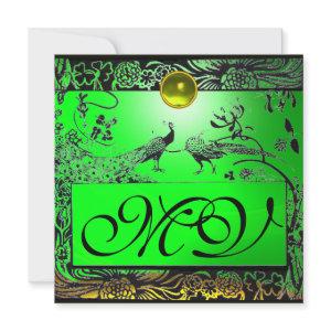 WEDDING LOVE BIRDS MONOGRAM black yellow emerald Announcement