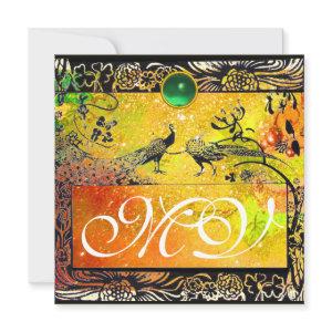 WEDDING LOVE BIRDS MONOGRAM black yellow emerald Announcement