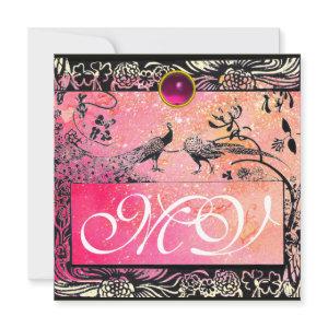 WEDDING LOVE BIRDS MONOGRAM black yellow pink ruby Announcement
