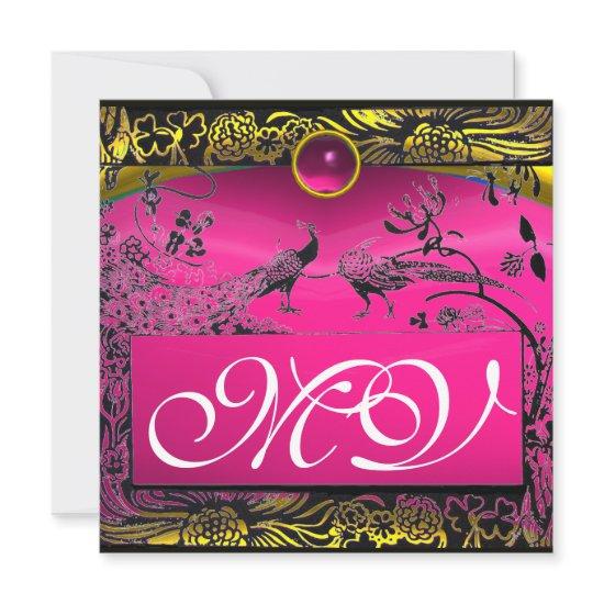 WEDDING LOVE BIRDS MONOGRAM black yellow pink ruby Announcement