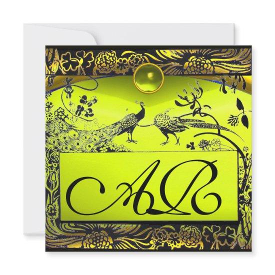 WEDDING LOVE BIRDS MONOGRAM black  yellow topaz Announcement