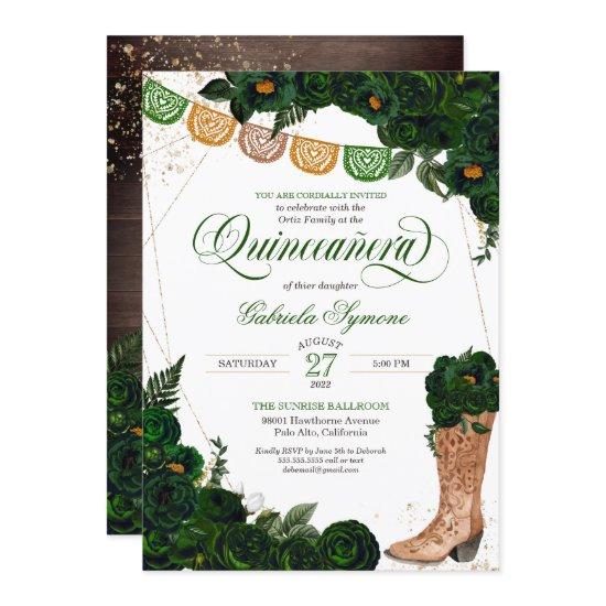 Western Boots Green Floral Charro Quinceanera Invi