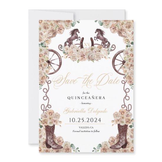 Western Champagne Gold Save The Date Quinceañera
