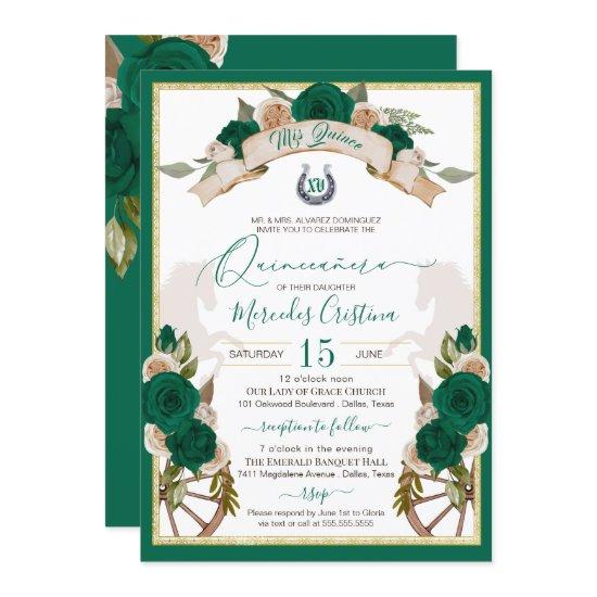 Western Charro Emerald Green Roses Quinceanera