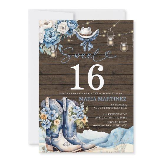 Western Cowgirl Blue Floral Wood Sweet 16 Birthday