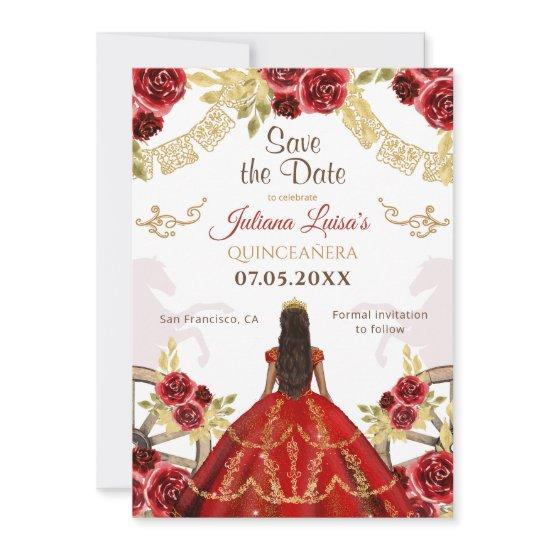 Western Quinceañera Floral Red Gold Charra Horses Save The Date