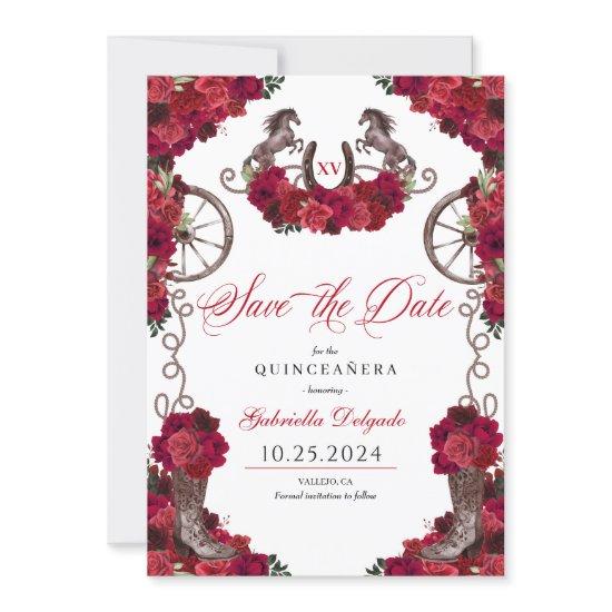 Western Red Roses Charro Save The Date Quinceañera