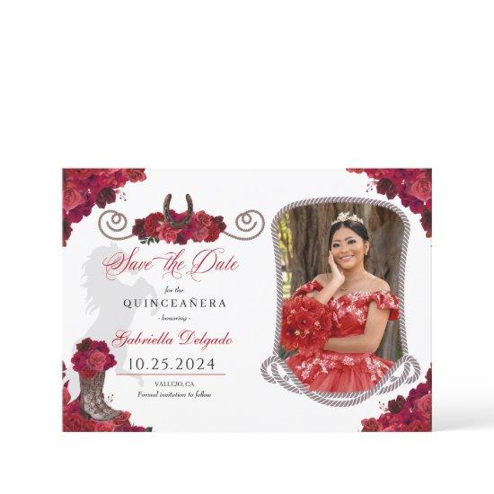 Western Red Roses Quinceañera Save The Date Photo