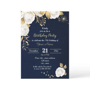 white and gold floral  navy blue birthday party