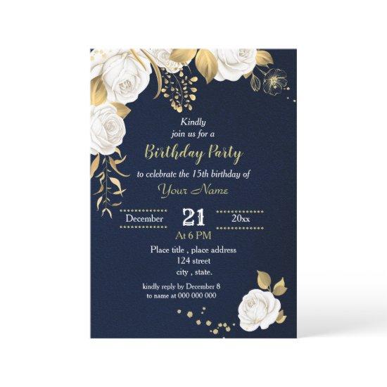 white and gold floral  navy blue birthday party