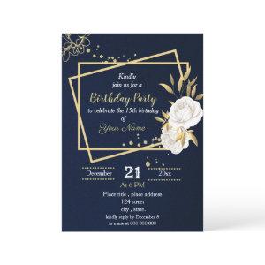 white and gold floral  navy blue birthday party