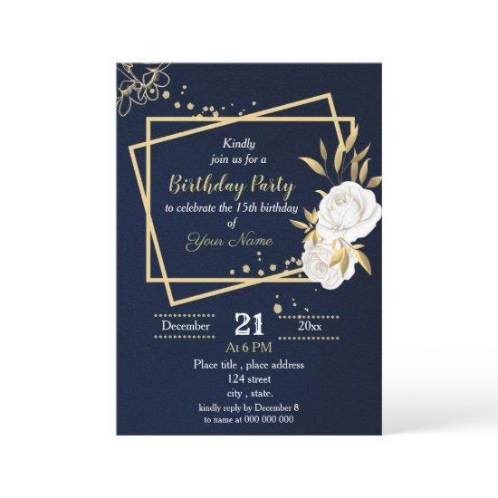 white and gold floral  navy blue birthday party