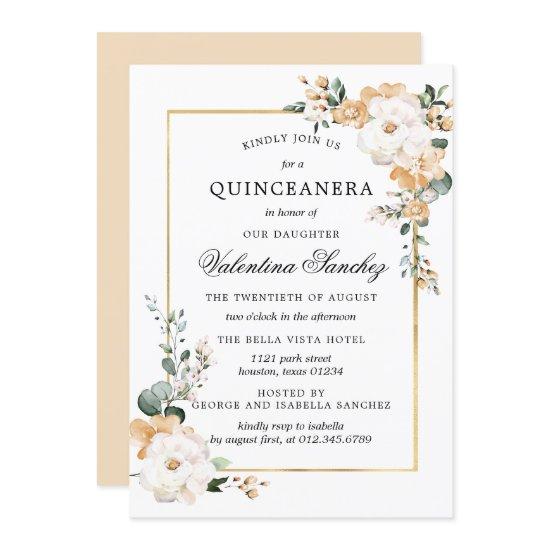 White and Gold Rose Floral Quinceanera