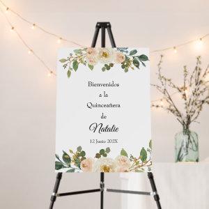 White and peach flower quinceanera welcome sign