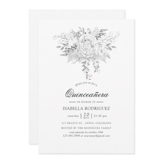 White and Silver Vintage Floral Quinceañera