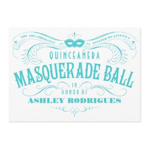 White and Turquoise Quinceanera Masquerade Invite
