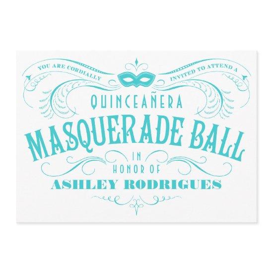 White and Turquoise Quinceanera Masquerade Invite