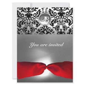 WHITE BLACK RED RIBBON DAMASK GEM STONE MONOGRAM r