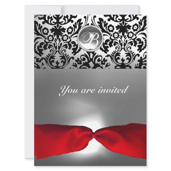 WHITE BLACK RED RIBBON DAMASK GEM STONE MONOGRAM r