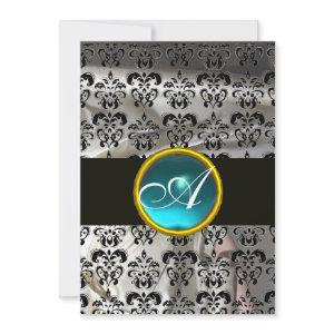 WHITE BLACK SILK DAMASK TEAL BLUE GEM MONOGRAM