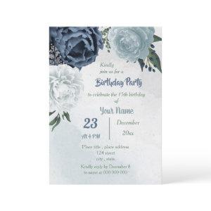 white blue flowers greenery birthday party