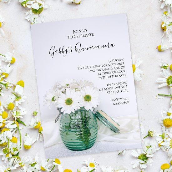 White Daisies in Blue Jar Vase Quinceanera Party
