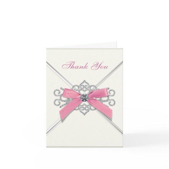 White Diamonds Pink Bow Thank You Cards