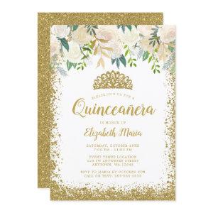 White Floral Faux Gold Glitter Tiara Quinceanera
