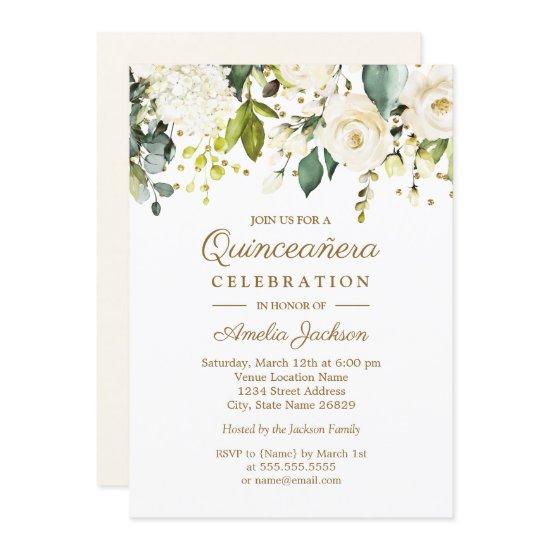 White Floral Gold Confetti Quinceanera 15th