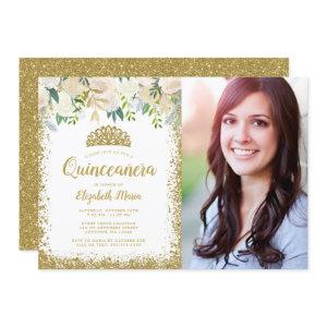 White Floral Gold Glitter Tiara Quinceanera Photo
