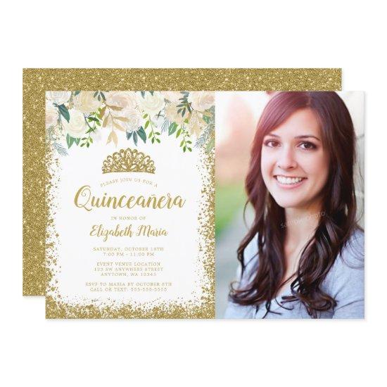 White Floral Gold Glitter Tiara Quinceanera Photo