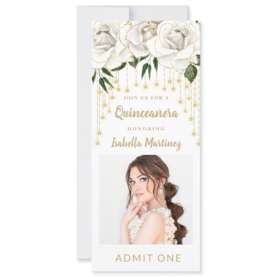 White Floral Gold String Light Quinceañera Ticket