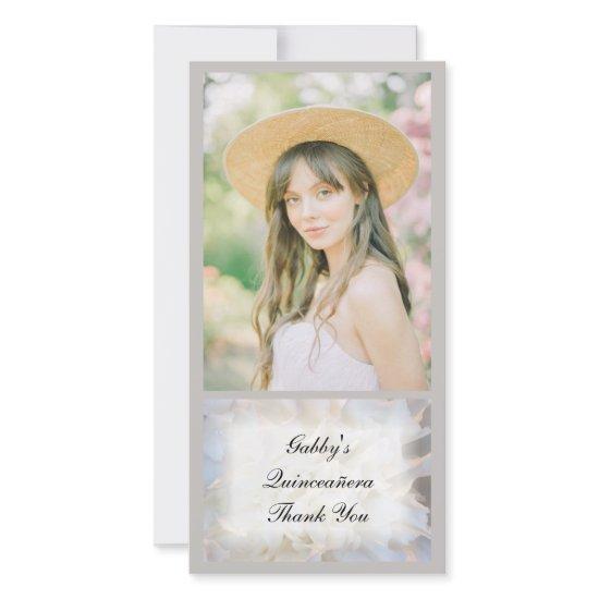 White Floral Quinceañera Thank You Photo Card