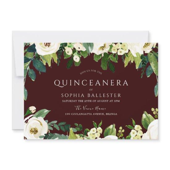 White Flowers Burgundy Red Quinceanera Party