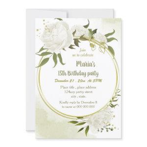 white flowers greenery gold wreath birthday party