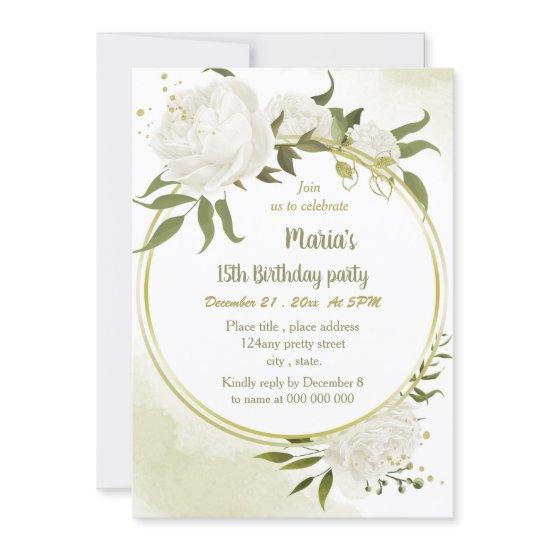 white flowers greenery gold wreath birthday party