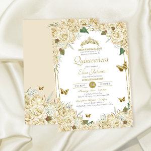 White Gold Floral Butterfly Cream Rose Quinceanera