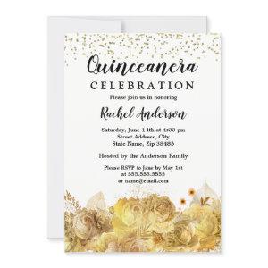 White & Gold Flowers Glitter Quinceanera Invite