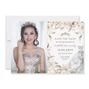 White Gold Silver Winter Florals Quinceañera Dress Save The Date