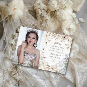 White Gold Silver Winter Florals Quinceañera Dress Save The Date