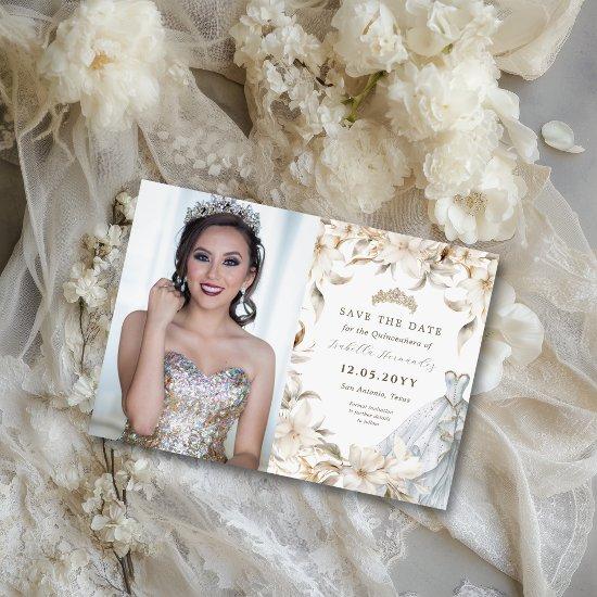 White Gold Silver Winter Florals Quinceañera Dress Save The Date