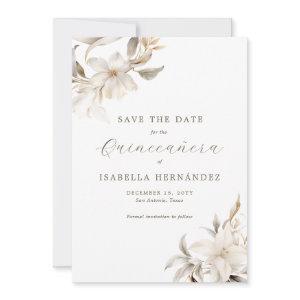 White Gold Silver Winter Florals Quinceañera Save The Date