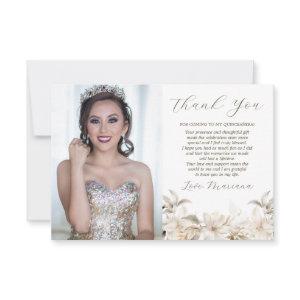 White Gold Silver Winter Photo Florals Quinceañera Thank You Card