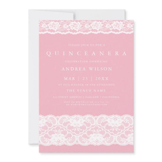White Lace Elegant Pink Quinceanera Party Invite