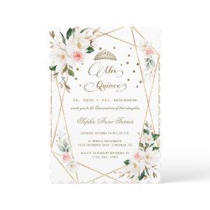 White Magnolia Pink Floral Gold Quinceañera