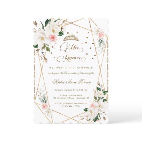 White Magnolia Pink Floral Gold Quinceañera