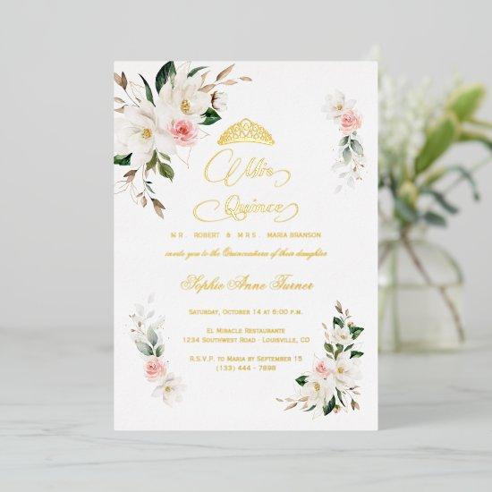 White Magnolia Pink Floral REAL FOIL Quinceañera  Foil